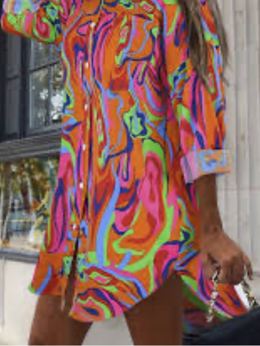 Vibrant Multicolor Swirl Button-Down Hi-low Tunic